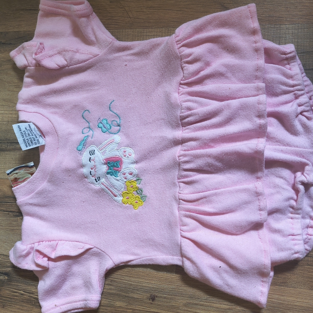 Pink and Yellow Ruffled Bodysuit with Embroidered Design